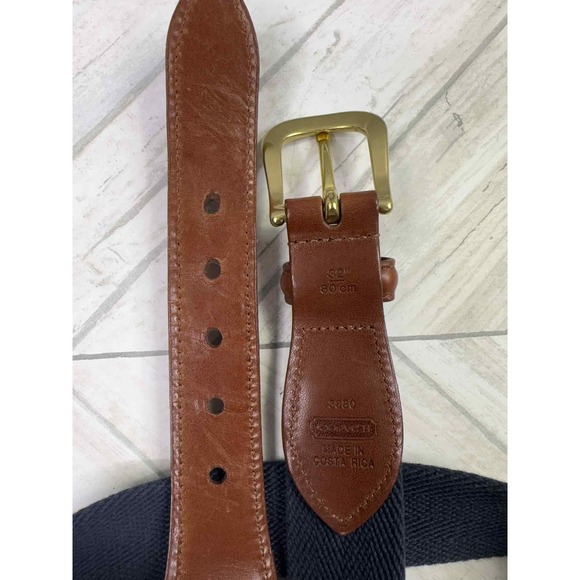 Coach Leather Twill Belt Mens Size 32" Navy Blue Beige Stripe Preppy Career 3880 - Picture 3 of 6